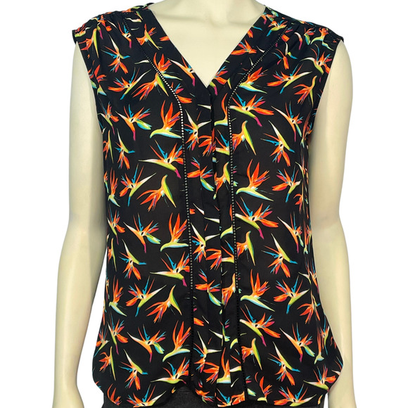 3/$20 Worthington Sz S Sleeveless Blouse Button-Down Black Tropical Floral Silky - Picture 1 of 11